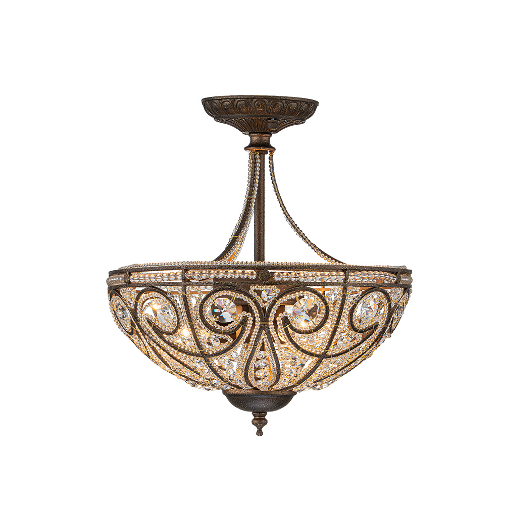 Modern Roman Style 3-Light Dark Bronze Semi Flush Mount Chandelier with Crystal Beads for Study Room Dining Room Bedside