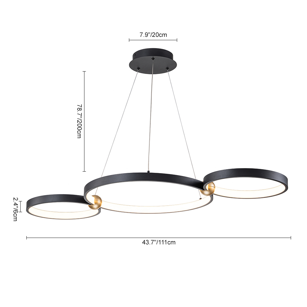 Dimmable Modern LED Ring Circles Black Linear Chandelier in 3000K Warm White for Bedroom Living Room Dining Room