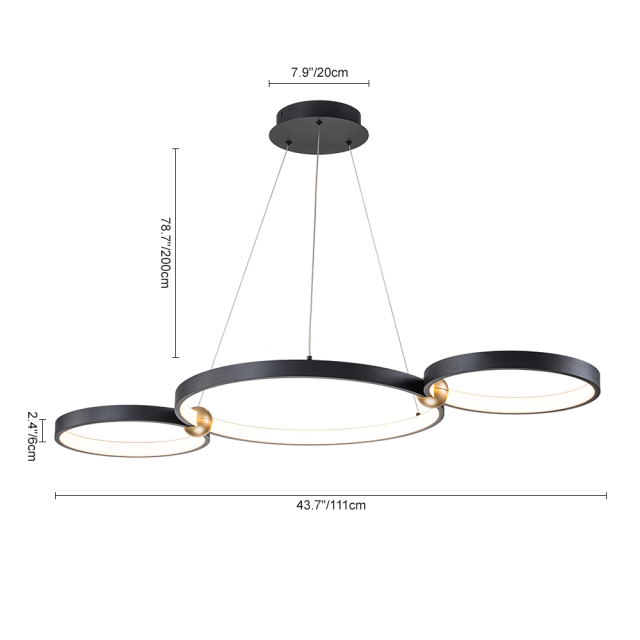 Dimmable LED Chandelier Modern Ring Circles Black Linear Hanging Light in 3000K Warm White for Bedroom Living Room Dining Room
