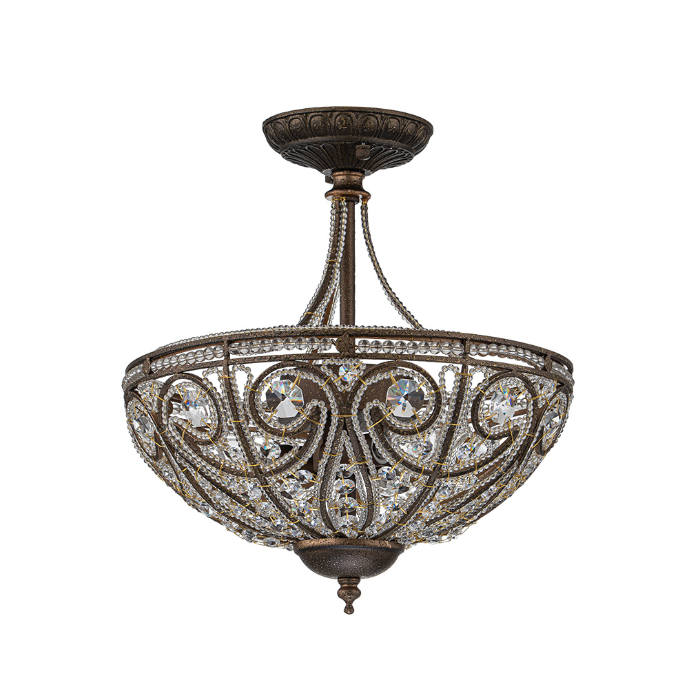 Modern Roman Style 3-Light Dark Bronze Semi Flush Mount Chandelier with Crystal Beads for Study Room Dining Room Bedside
