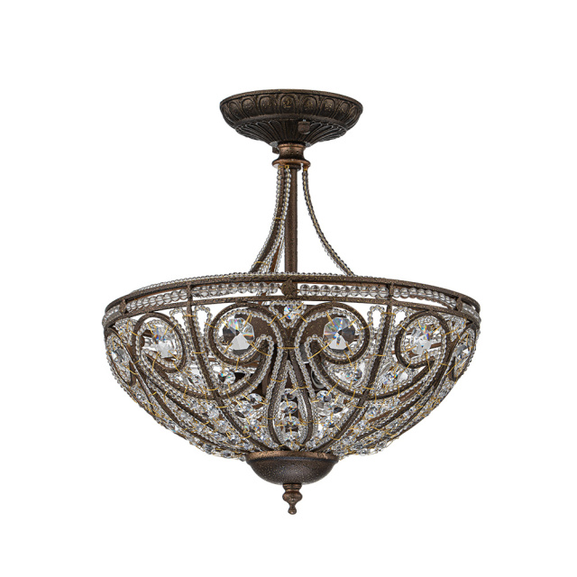 Modern Roman Style 3-Light Dark Bronze Semi Flush Mount Chandelier with Crystal Beads for Study Room Dining Room Bedside