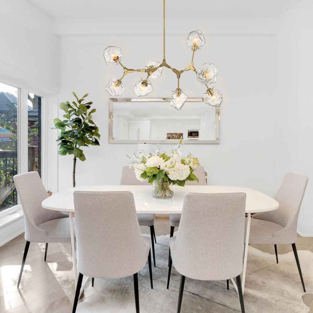 Glam Modern Branching Ice Glass Shade Chandelier in Brass Finish for Living Room/ Dining Room/ Kitchen