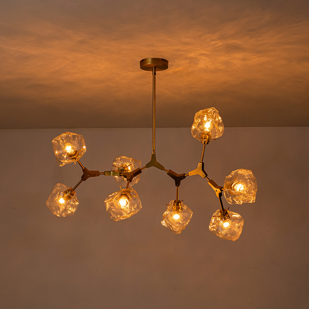 Glam Modern Branching Ice Glass Shade Chandelier in Brass Finish for Living Room/ Dining Room/ Kitchen