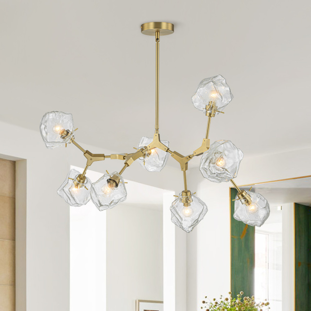 Glam Modern Branching Ice Glass Shade Chandelier in Brass Finish for Living Room/ Dining Room/ Kitchen