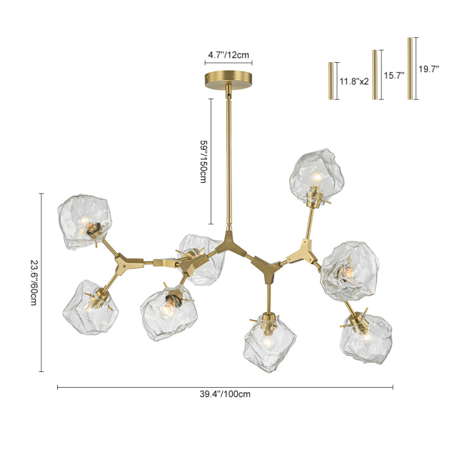 Glam Modern Branching Ice Glass Shade Chandelier in Brass Finish for Living Room/ Dining Room/ Kitchen