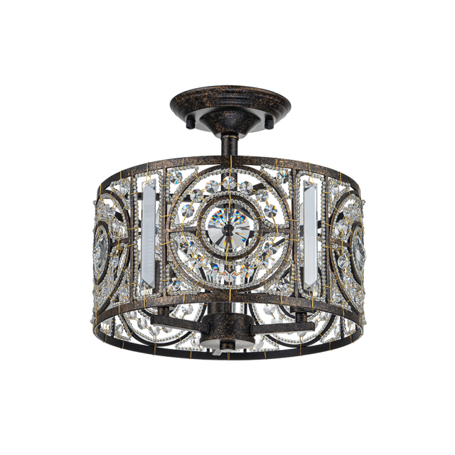 Modern Roman Style 3-Light Dark Bronze Semi Flush Mount Chandelier with Crystal Beads for Study Room Dining Room Bedside