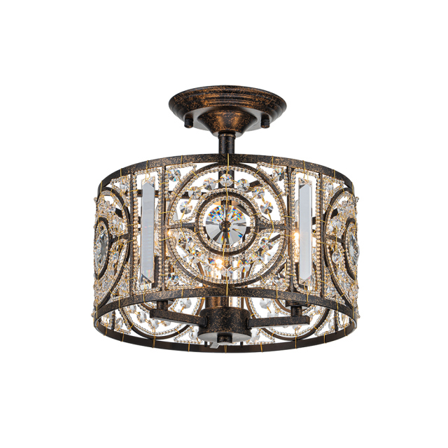 Modern Roman Style 3-Light Dark Bronze Semi Flush Mount Chandelier with Crystal Beads for Study Room Dining Room Bedside