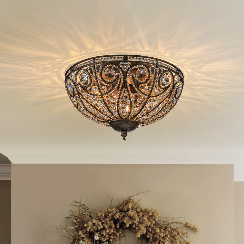 Decorative Modern Roman Style 3-Light Flush Mount Chandelier with Crystal Glass Beads for Study Room Dining Room Bedside