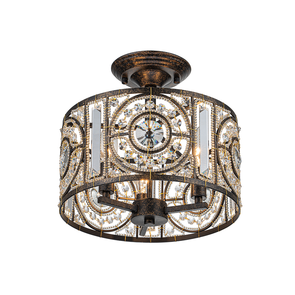 Modern Retro Style 3-Light Bronze Semi Flush Mount Cage Chandelier for Hallway Entryway Kitchen Bedroom Living Room