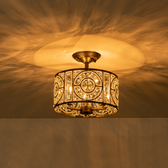Modern Roman Style 3-Light Dark Bronze Semi Flush Mount Chandelier with Crystal Beads for Study Room Dining Room Bedside
