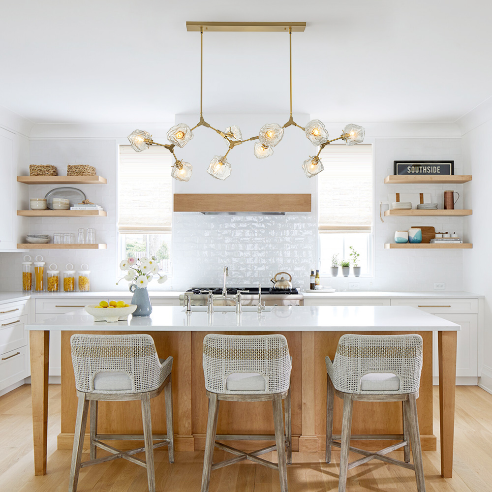 Modern Glam Branching Ice Glass Shade Chandelier Brass Island Hanging Light for Living Room/ Dining Room/ Kitchen