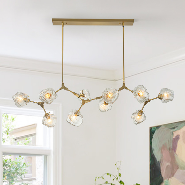 Modern Glam Branching Ice Glass Shade Chandelier Brass Island Hanging Light for Living Room/ Dining Room/ Kitchen