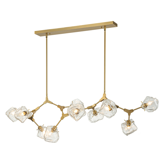 Modern Glam Branching Ice Glass Shade Chandelier Brass Island Hanging Light for Living Room/ Dining Room/ Kitchen