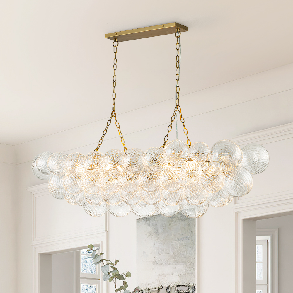Glam Modern Large Bubble Glass Linear Chandelier Two Chains Hanging Light for Dining Room Living Room Bedroom Lobby