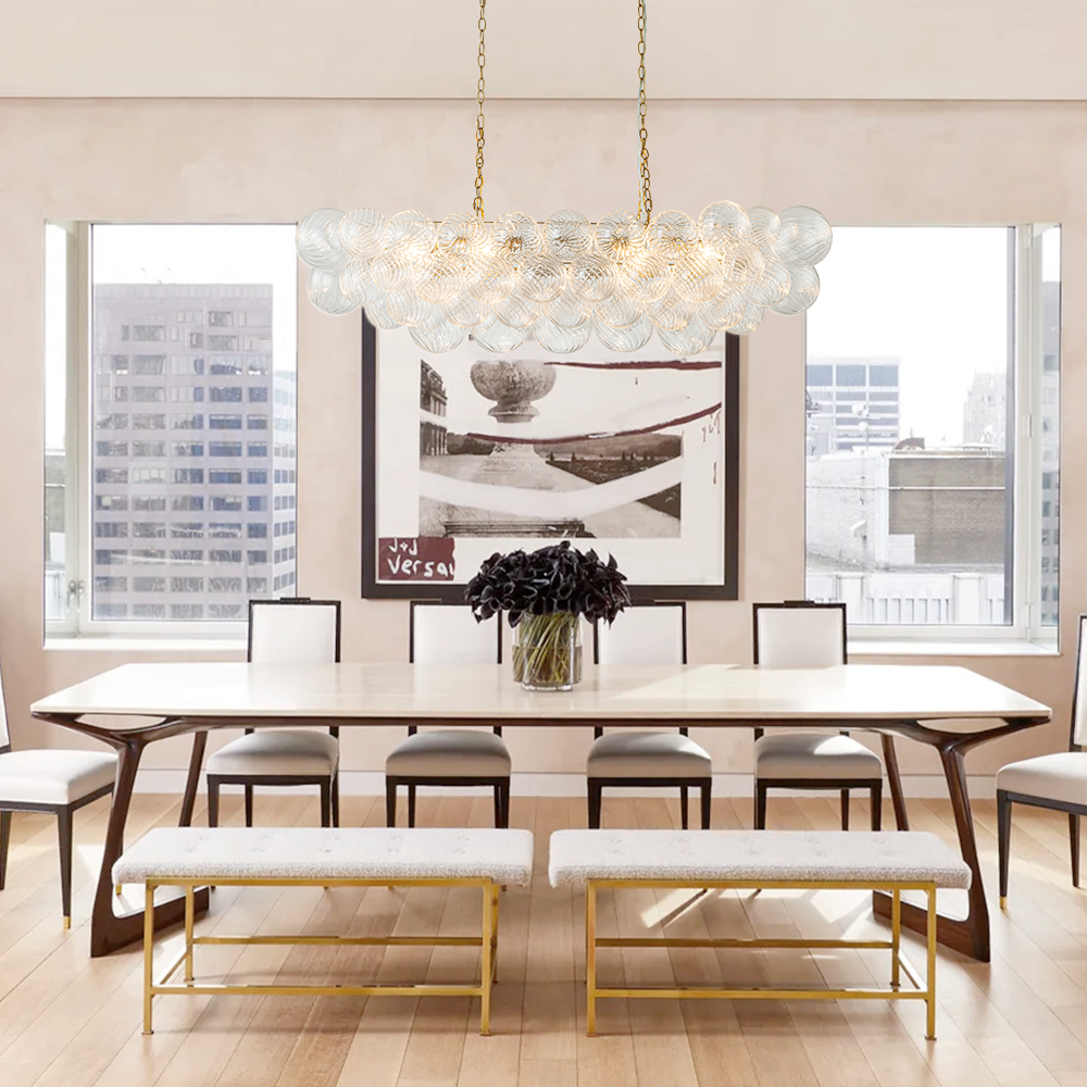 Glam Modern Large Bubble Glass Linear Chandelier Two Chains Hanging Light for Dining Room Living Room Bedroom Lobby