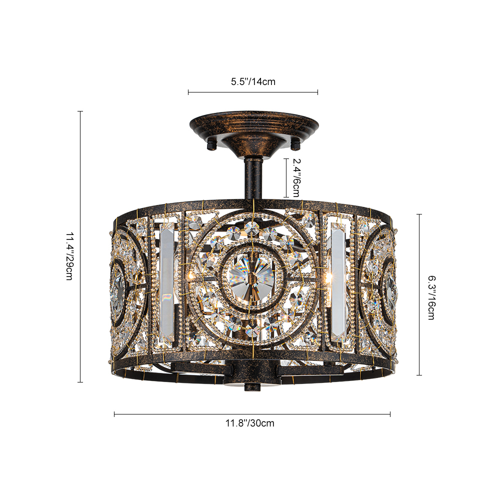 Modern Retro Style 3-Light Bronze Semi Flush Mount Cage Chandelier for Hallway Entryway Kitchen Bedroom Living Room
