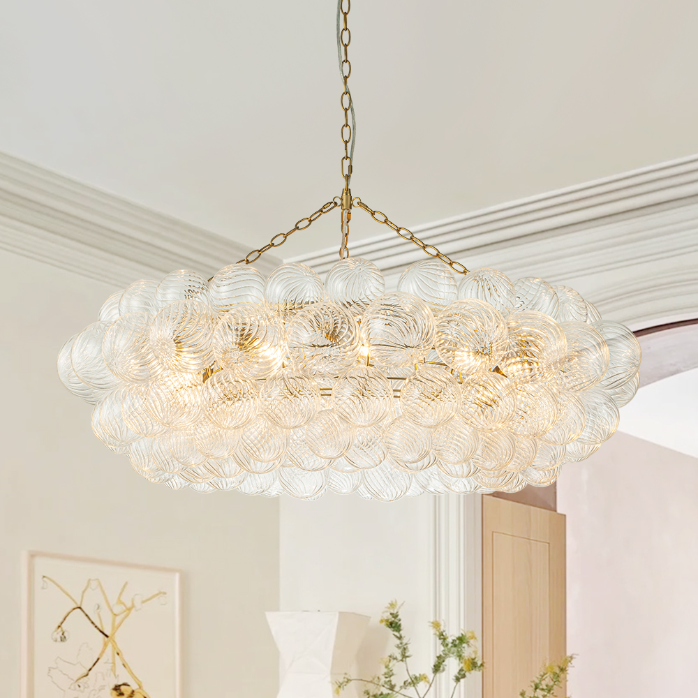 Luxury Large Modern Cluster Cloud Bubble Chandelier Ribbed Glass Brass Hanging Light for Dining Room Living Room Bedroom