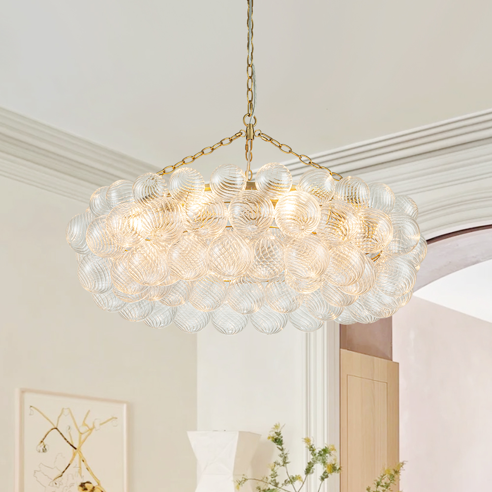 Luxury Large Modern Cluster Cloud Bubble Chandelier Ribbed Glass Brass Hanging Light for Dining Room Living Room Bedroom