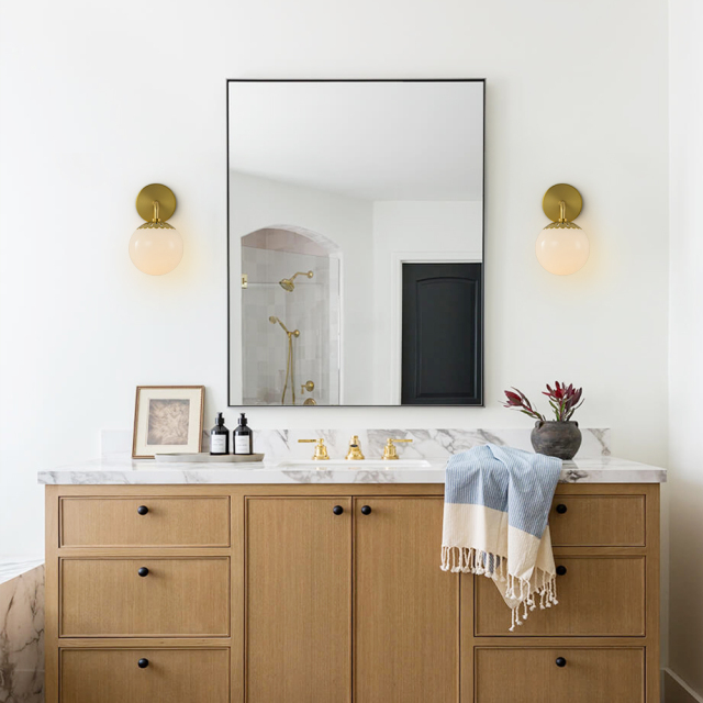 Minimalist Modern Polished Brass Opal Glass Globe Wall Sconces Wall Lights for Front Door/ Entryway/ Mirror/ Bathroom