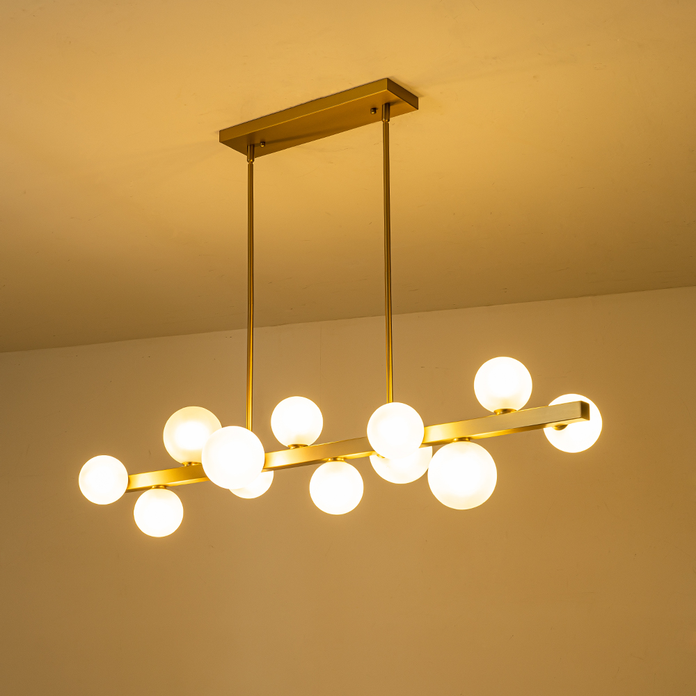 12-Light Modern Mid-century Linear Design Island Chandelier in Brass Bubble Hanging Light for Dining Table Kitchen Home Office
