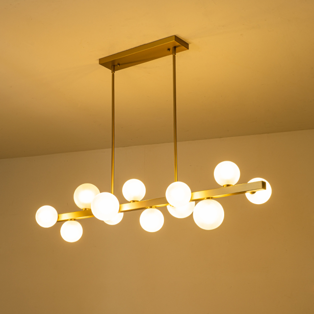 12-Light Modern Mid-century Linear Design Island Chandelier in Brass Bubble Hanging Light for Dining Tbale Kitchen Home Office