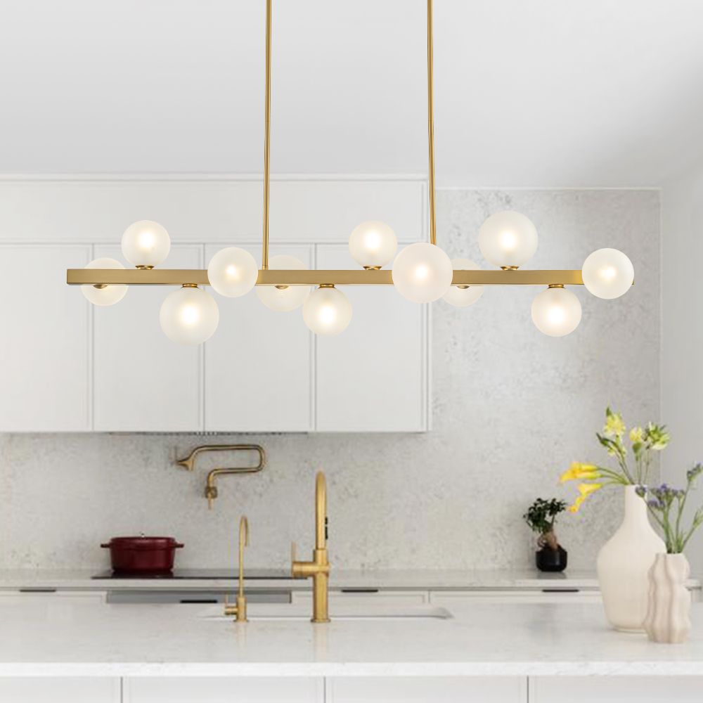 12-Light Modern Mid-century Linear Design Island Chandelier in Brass Bubble Hanging Light for Dining Table Kitchen Home Office
