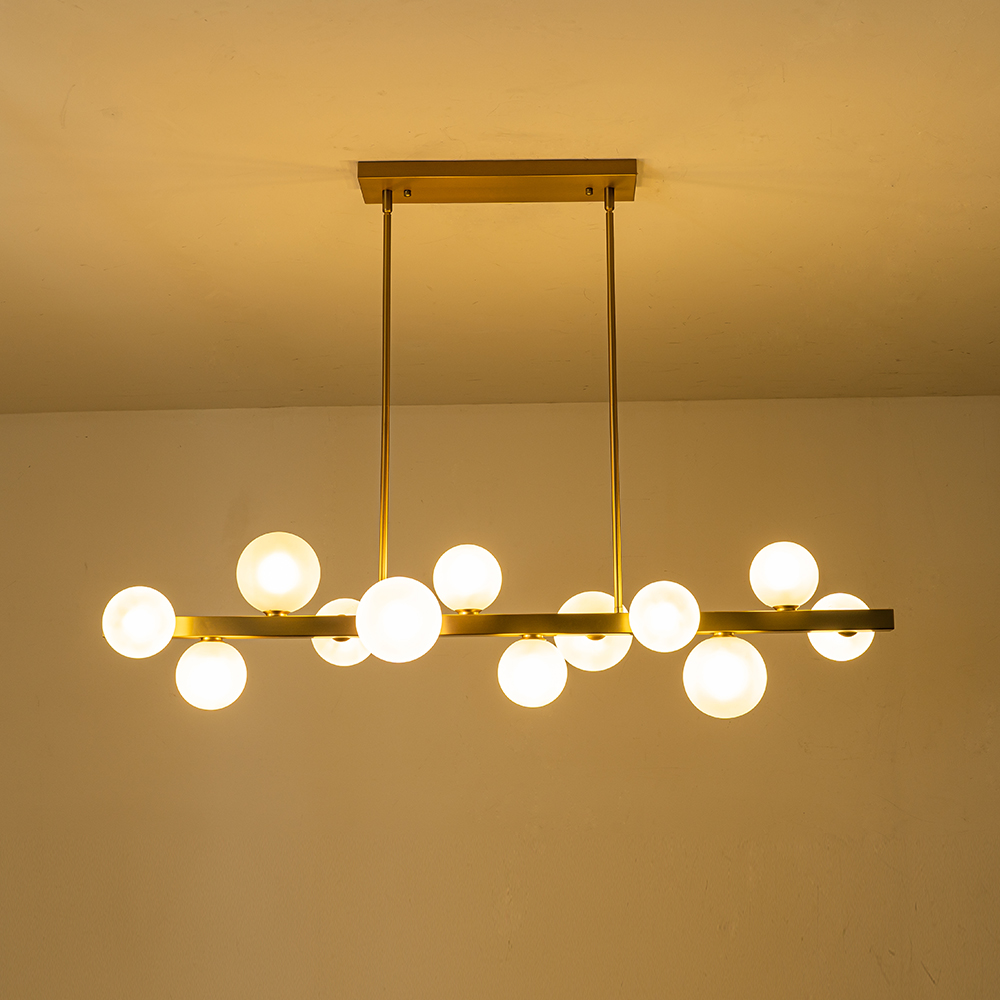 12-Light Modern Mid-century Linear Design Island Chandelier in Brass Bubble Hanging Light for Dining Table Kitchen Home Office