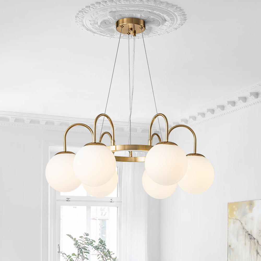 6-Light Mid-Century Modern Geometric Sputnik Bubble Chandelier with Circle Opal Globe for Living Room Dining Room Bedroom