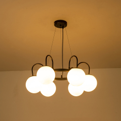 6-Light Mid-Century Modern Geometric Sputnik Bubble Chandelier with Circle Opal Globe for Living Room Dining Room Bedroom
