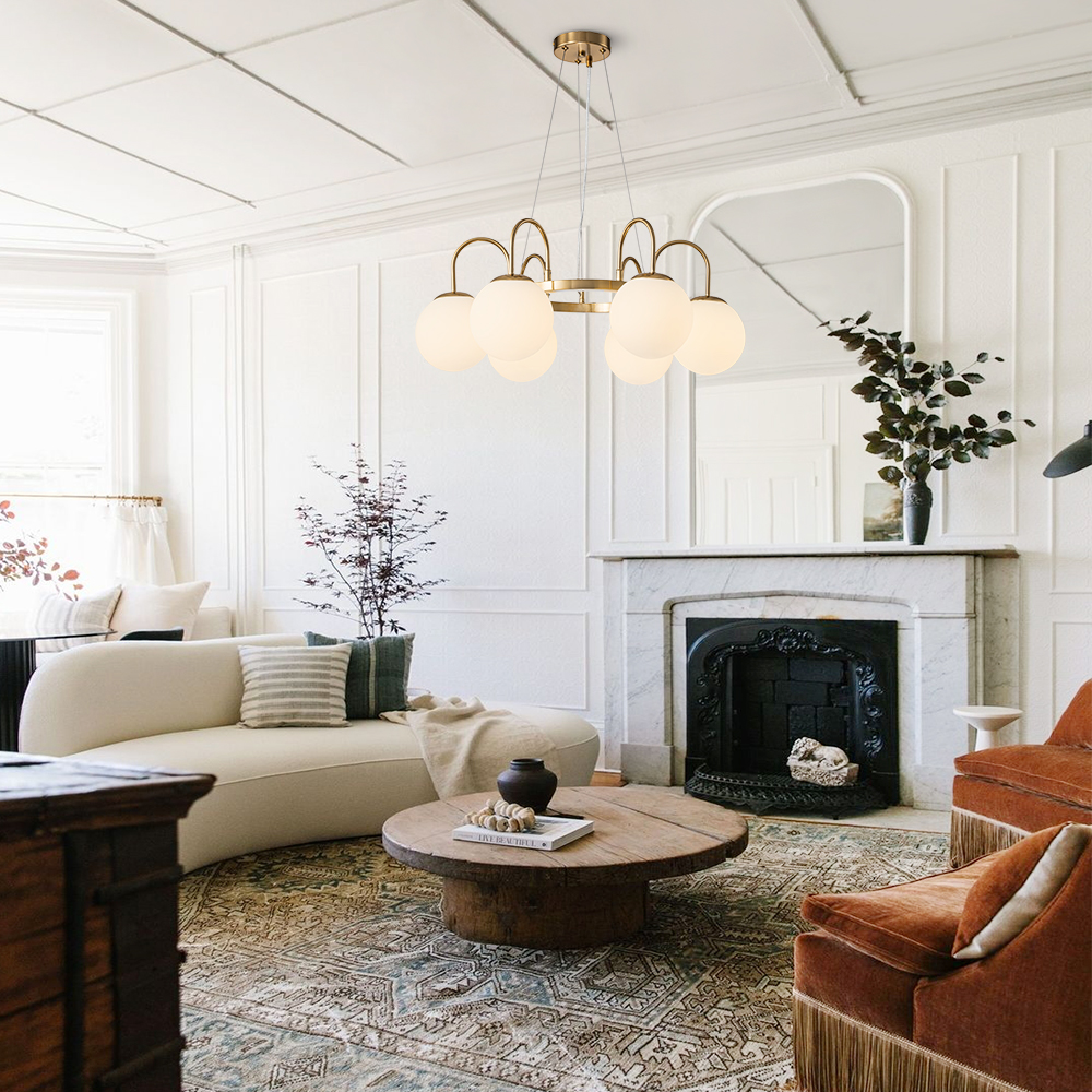 6-Light Mid-Century Modern Geometric Sputnik Bubble Chandelier with Circle Opal Globe for Living Room Dining Room Bedroom