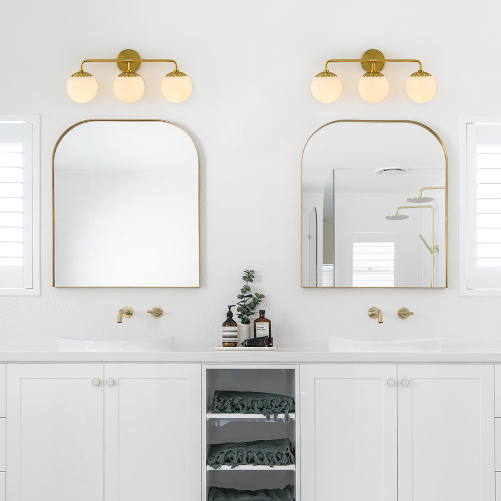Minimalist Modern 3-Light Polished Brass Opal Glass Globe Wall Sconces Bathroom Vanity Light for Front Door/ Entryway/ Mirror