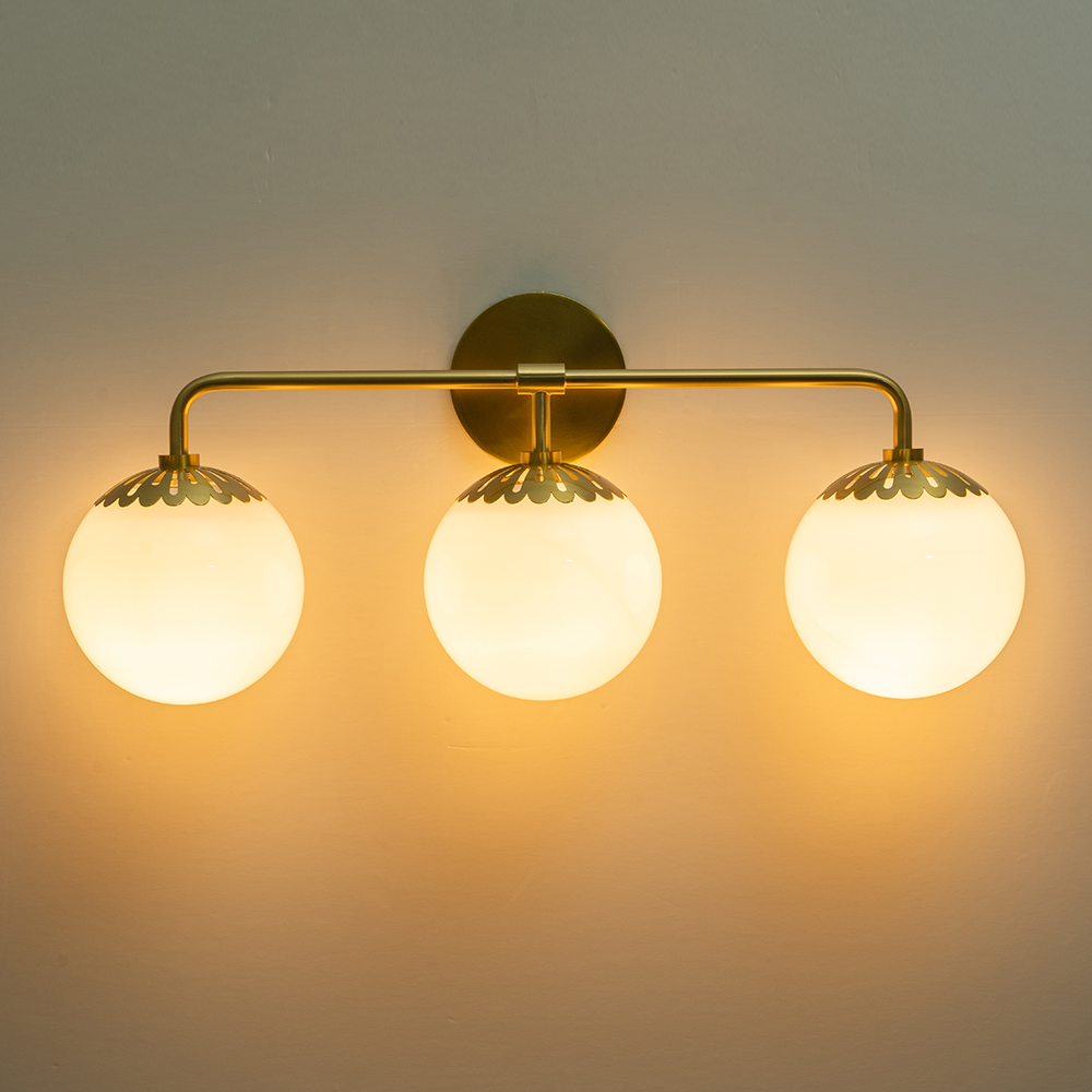 Minimalist Modern 3-Light Polished Brass Opal Glass Globe Wall Sconces Bathroom Vanity Light for Front Door/ Entryway/ Mirror