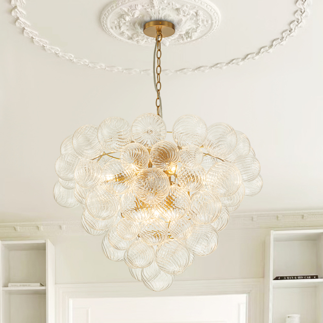 Glam Modern Cluster Grape Bubble Chandelier Texture Ribbed Glass Hanging Light Fixture for Dining Room Living Room Bedroom