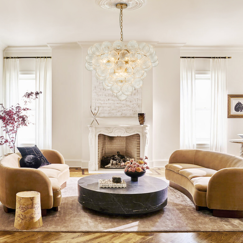 Glam Modern Cluster Grape Bubble Chandelier Texture Ribbed Glass Hanging Light Fixture for Dining Room Living Room Bedroom