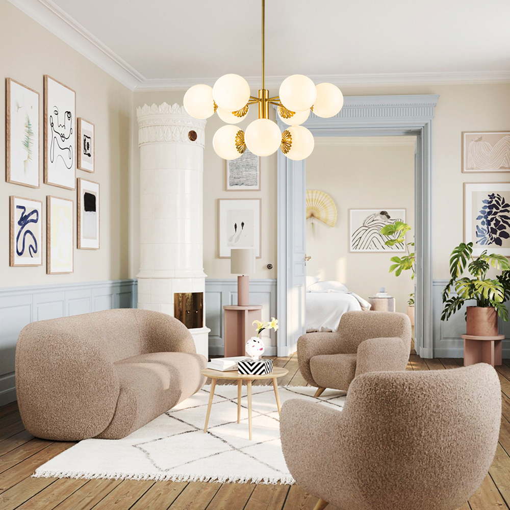 9-Light Modern Mid-Century Brass Two-Tier Sputnik Opal Globe Chandelier Light for Dining Room/ Living Room/ Bedroom