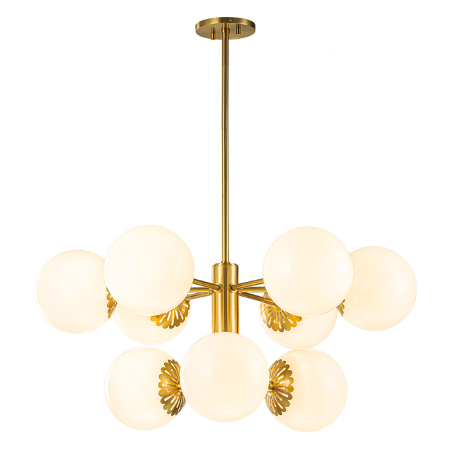 9-Light Modern Mid-Century Brass Two-Tier Sputnik Opal Globe Chandelier Light for Dining Room/ Living Room/ Bedroom