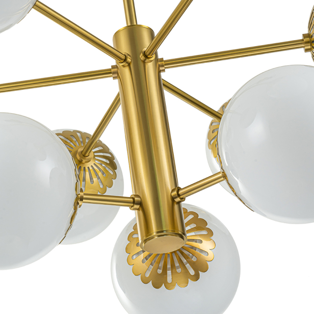 9-Light Modern Mid-Century Brass Two-Tier Sputnik Opal Globe Chandelier Light for Dining Room/ Living Room/ Bedroom