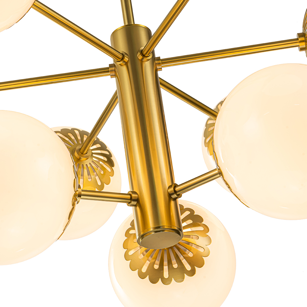 9-Light Modern Mid-Century Brass Two-Tier Sputnik Opal Globe Chandelier Light for Dining Room/ Living Room/ Bedroom