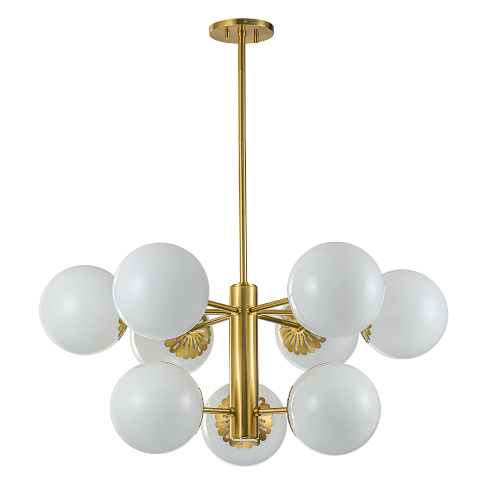 9-Light Modern Mid-Century Brass Two-Tier Sputnik Opal Globe Chandelier Light for Dining Room/ Living Room/ Bedroom