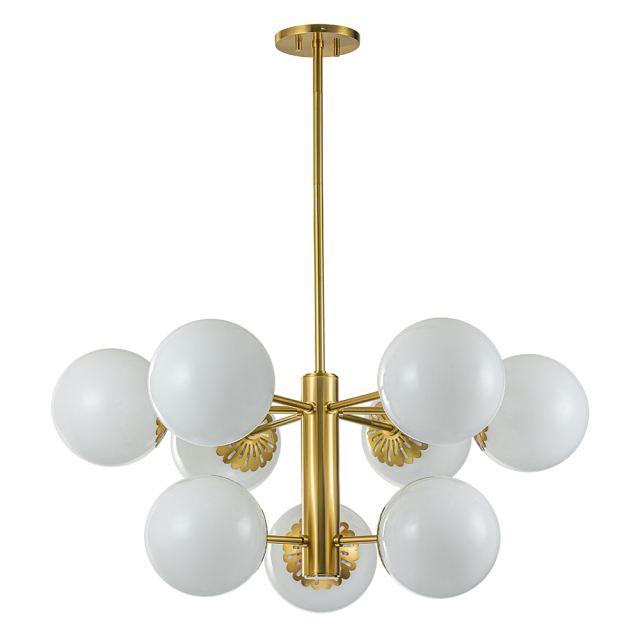 9-Light Modern Mid-Century Brass Two-Tier Sputnik Opal Globe Chandelier Light for Dining Room/ Living Room/ Bedroom