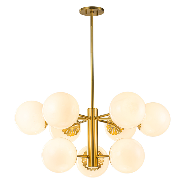 9-Light Modern Mid-Century Brass Two-Tier Sputnik Opal Globe Chandelier Light for Dining Room/ Living Room/ Bedroom