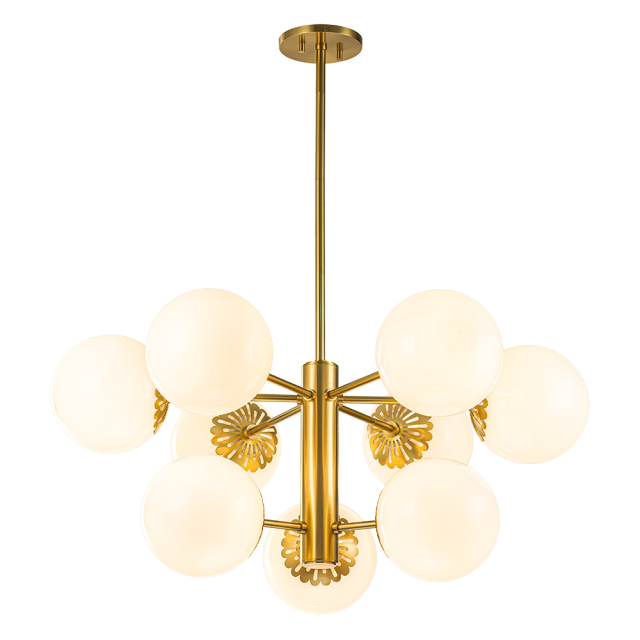 9-Light Modern Mid-Century Brass Two-Tier Sputnik Opal Globe Chandelier Light for Dining Room/ Living Room/ Bedroom