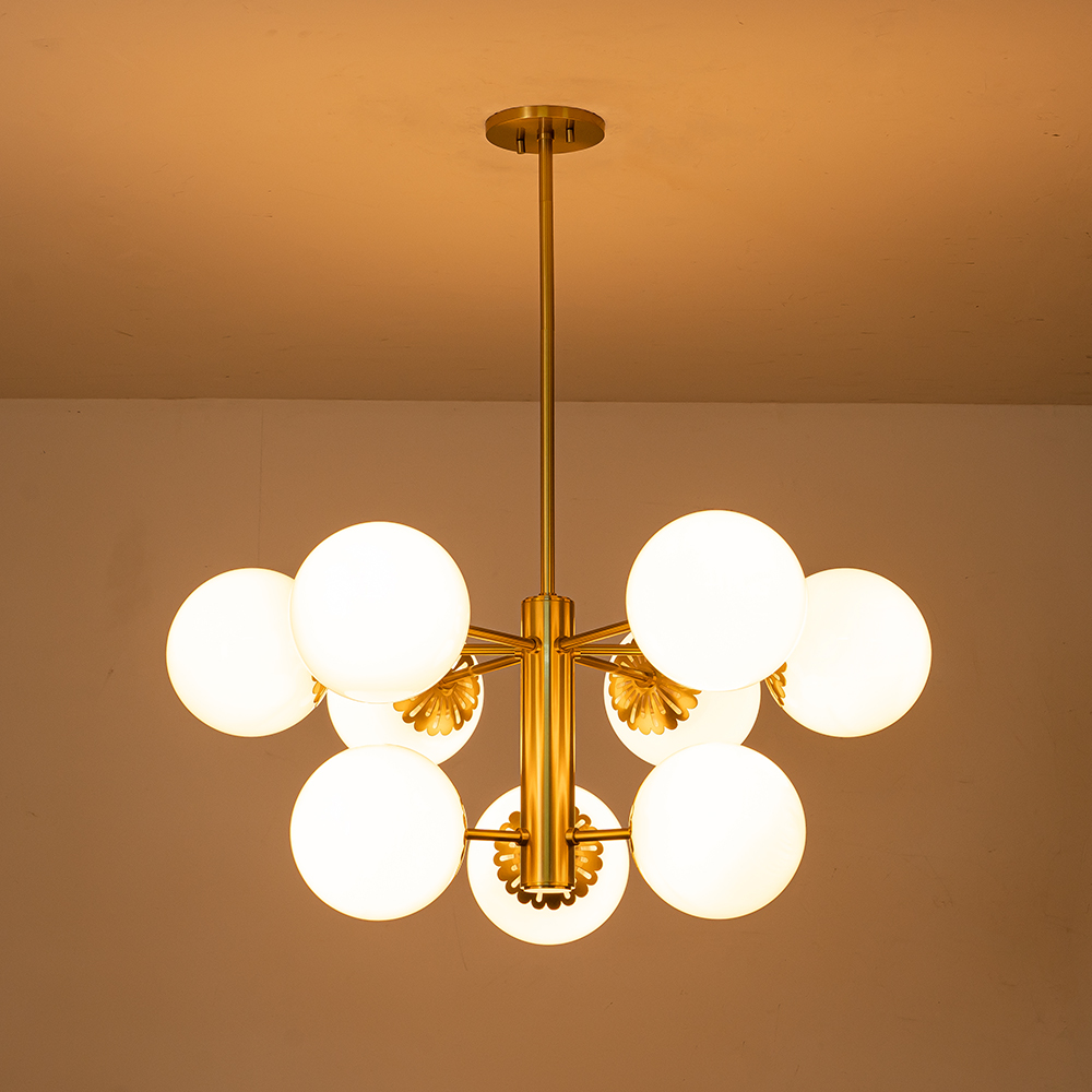 9-Light Modern Mid-Century Brass Two-Tier Sputnik Opal Globe Chandelier Light for Dining Room/ Living Room/ Bedroom