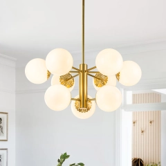 9-Light Modern Mid-Century Brass Two-Tier Sputnik Opal Globe Chandelier Light for Dining Room/ Living Room/ Bedroom