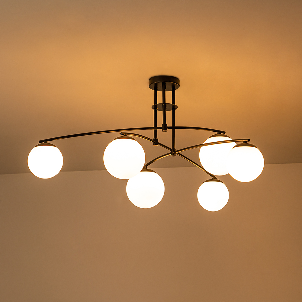 Mid-Century Modern Sputnik Branching Opal Glass Bubble Semi Flush Chandelier for Living Room Dining Room Bedroom