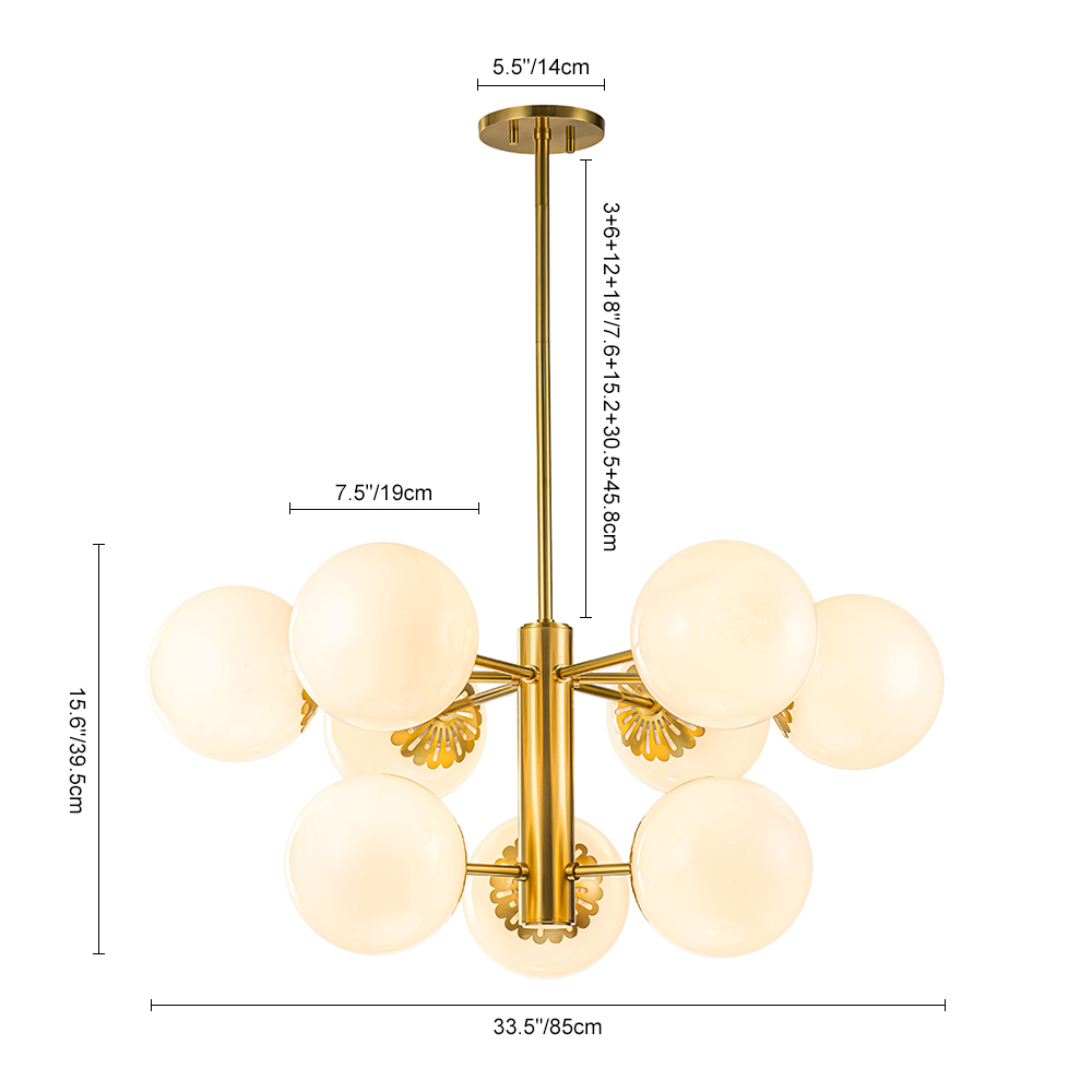 9-Light Modern Mid-Century Brass Two-Tier Sputnik Opal Globe Chandelier Light for Dining Room/ Living Room/ Bedroom