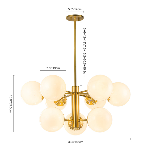 9-Light Modern Mid-Century Brass Two-Tier Sputnik Opal Globe Chandelier Light for Dining Room/ Living Room/ Bedroom
