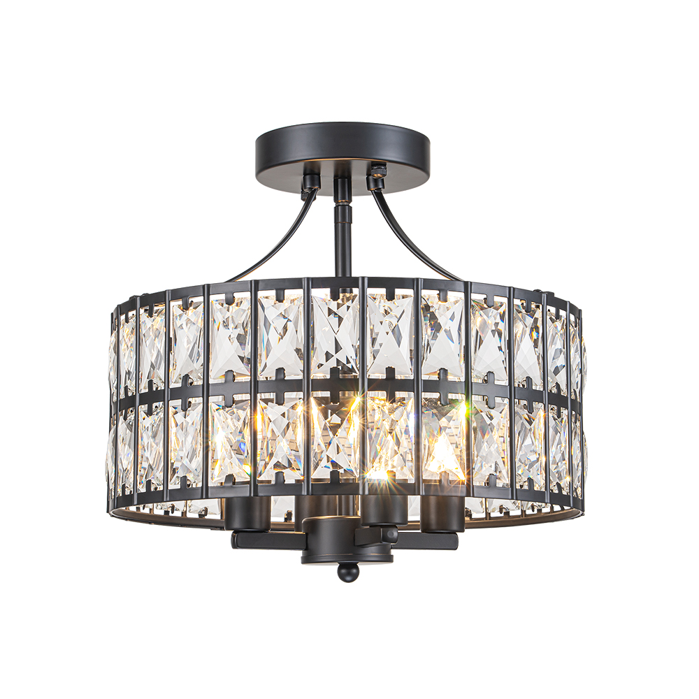 Modern Round Semi Flush Mount Drum Ceiling Light with Clear Crystal Glass for Hallway Entryway Kitchen Bedroom Living Room