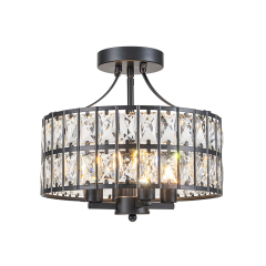 Modern Round Semi Flush Mount Drum Ceiling Light with Clear Crystal Glass for Hallway Entryway Kitchen Bedroom Living Room