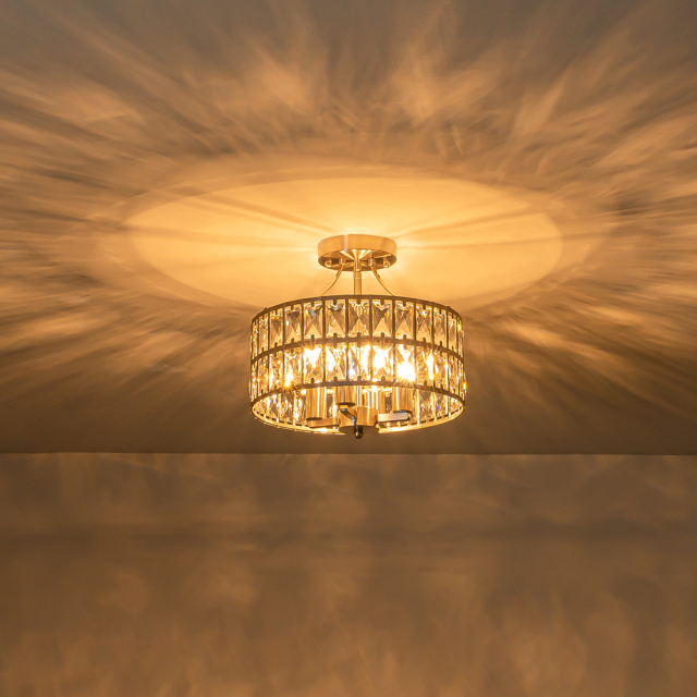 Modern Round Semi Flush Mount Drum Ceiling Light with Clear Crystal Glass for Hallway Entryway Kitchen Bedroom Living Room